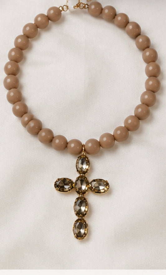 Taupe Bead Cross Necklace
