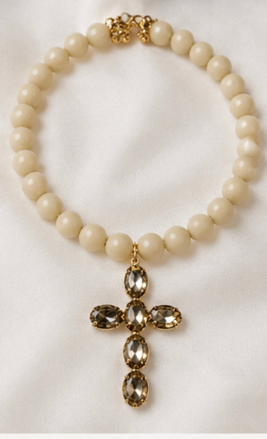 Cream Bead Cross Necklace